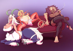 Rule 34 | 3girls, absurdres, animal ears, bare shoulders, bicorn, black lips, blonde hair, breasts, brown hair, bursting breasts, centaur, cleavage, closed eyes, colored skin, couch, crossed legs, dark-skinned female, dark skin, deumosden, eyelashes, fingernails, fire, fire breathing, furry, gradient background, green eyes, hand on face, highres, horns, huge breasts, lion ears, long fingernails, long hair, long tongue, looking at viewer, lying, maid, mole, mole on breast, multicolored skin, multiple girls, on back, pantyhose, puffy nipples, purple background, red eyes, red skin, reptile girl, sharp teeth, shiny clothes, shiny skin, short hair, sitting, skirt, smile, smoke, smoking, tail, taur, teeth, thick thighs, thighs, tight clothes, tongue, tongue out, white hair
