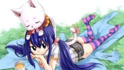 Rule 34 | 1girl, artist name, ass, blue hair, brown eyes, cat, charle (fairy tail), fairy tail, feet, hair ornament, head rest, highres, long hair, looking at viewer, lying, mashima hiro, no shoes, official art, official wallpaper, on stomach, shorts, smile, striped legwear, twintails, wallpaper, wendy marvell