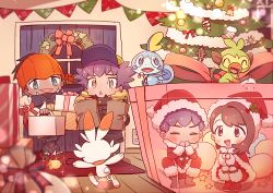 Rule 34 | 1girl, 3boys, bell, blush, boots, box, cape, christmas, christmas tree, closed eyes, closed mouth, coat, commentary request, creatures (company), door, doormat, eyelashes, fur-trimmed headwear, fur trim, game freak, gen 8 pokemon, gloria (pokemon), green eyes, grookey, hat, holding, holly, hop (pokemon), in box, in container, indoors, leon (pokemon), multiple boys, nintendo, open mouth, orange headwear, pink ribbon, pokemon, pokemon (creature), pokemon swsh, raihan (pokemon), red cape, red headwear, ribbon, rone, santa hat, scorbunny, smile, sobble, sparkle, star (symbol), starter pokemon trio, stick, teeth, tongue, wreath