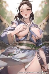 Rule 34 | 1girl, areola slip, blush, breasts, breasts out, brown eyes, brown hair, copyright request, fundoshi, hand on own chest, highres, japanese clothes, kimono, large breasts, long sleeves, looking at viewer, ludaf, one eye closed, outdoors, rooftop, sash, smile, solo, sunlight, sword, topknot, torn clothes, weapon