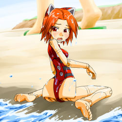 Rule 34 | 10s, 1girl, animal ears, ass, azuma doguu, barefoot, beach, blush, busou shinki, cat ears, day, doll, doll joints, feet, from behind, joints, kneeling, leotard, looking back, mini person, minigirl, ocean, open mouth, orange hair, red eyes, red hair, red leotard, sitting, soles, solo, tigris, wariza, wet