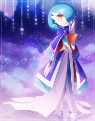 Rule 34 | 1girl, alternate color, arm at side, artist name, blue capelet, blue hair, blue skin, blue sky, blush, bob cut, border, capelet, closed mouth, clothed pokemon, cloud, colored skin, creatures (company), elbow gloves, female focus, flat chest, full body, game freak, gardevoir, gardevoir (sacred), gen 3 pokemon, glint, gloves, gold, gold trim, hair over one eye, hand up, happy, looking at viewer, lotosu, multicolored skin, nintendo, one eye covered, orange eyes, pokemon, pokemon (creature), ripples, shiny pokemon, short hair, signature, sky, smile, solo, standing, standing on liquid, star (sky), star (symbol), starry sky, two-tone skin, waist cape, water, white border, white gloves, white skin