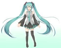 Rule 34 | 1girl, bad id, bad pixiv id, black thighhighs, breasts, colorized, detached sleeves, closed eyes, green hair, hatsune miku, long hair, necktie, shunkashuutou, skirt, solo, thighhighs, twintails, very long hair, vocaloid