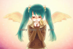 Rule 34 | 1girl, abe (f!mixture), bad id, bad pixiv id, english text, closed eyes, flower, own hands clasped, hatsune miku, long hair, own hands together, smile, solo, transparent, twintails, vocaloid, wings