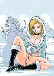 Rule 34 | 1girl, android 18, arm support, blonde hair, blue eyes, bob cut, boots, breasts, candy, candy cane, censored, cleavage, collar, dragon ball, dragonball z, feet, food, full body, fur trim, gloves, groin, highres, holding, hood, hoodie, kugayama hodai, large breasts, legs, looking at viewer, medium hair, mosaic censoring, naughty face, no panties, outdoors, pussy, sitting, sky, smile, snow, snowman, solo, thighs, tree
