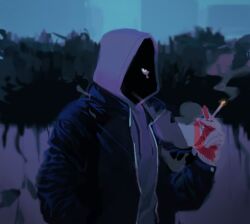 Rule 34 | 1boy, black jacket, blue background, blue eyes, cigarette, collared jacket, colored sclera, commentary request, eyes in shadow, gloves, grey gloves, grey hoodie, grey sclera, hand up, holding, holding cigarette, hood, hood up, hoodie, jacket, korean commentary, long sleeves, looking at viewer, male focus, one-eyed, original, purple background, red gloves, sasi mozzi1, smoke trail, smoking, solo, teardrop, upper body