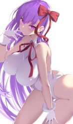 Rule 34 | 1girl, arched back, ass, backlighting, bare shoulders, bb (fate), bb (fate) (all), bb (swimsuit mooncancer) (fate), bb (swimsuit mooncancer) (third ascension) (fate), breasts, fate/grand order, fate (series), gloves, hair ribbon, highleg, highleg leotard, highres, large breasts, leaning forward, leotard, long hair, looking at viewer, neck ribbon, purple eyes, purple hair, red ribbon, ribbon, smile, solo, spider apple, standing, thighs, very long hair, white gloves, white leotard
