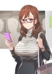 Rule 34 | 1girl, absurdres, black jacket, black skirt, blush, breasts, brown-framed eyewear, brown hair, capelet, cellphone, closed mouth, door, eyebrows, eyelashes, faceless, fingernails, glasses, highres, holding, holding phone, holding strap, jacket, kitazawa (embers), large breasts, long sleeves, looking at viewer, original, outside border, phone, purple eyes, revision, skirt, solo focus, striped clothes, striped sweater, sweater, turtleneck, upper body, watch, wristwatch