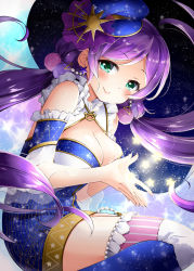 Rule 34 | 10s, 1girl, breasts, cleavage, glowing, green eyes, hat, highres, long hair, looking at viewer, love live!, love live! school idol festival, love live! school idol project, natsu (natume0504), purple hair, smile, solo, star (symbol), starry sky print, thighhighs, tojo nozomi, twintails