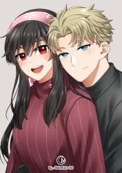 Rule 34 | 1boy, 1girl, :d, black hair, black sweater, blonde hair, blue eyes, closed mouth, commentary, english commentary, grey background, hairband, hetero, highres, hug, hug from behind, husband and wife, looking at viewer, ookamiura aoi, open mouth, pink hairband, red eyes, red sweater, simple background, smile, spy x family, sweater, turtleneck, turtleneck sweater, twilight (spy x family), yor briar