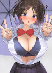 Rule 34 | 1girl, :o, black bra, black skirt, blue eyes, blush, bow, bowtie, bra, breasts, brown hair, double v, fingernails, flying button, gradient background, grey background, kaisen chuui, large breasts, looking at viewer, open mouth, original, popped button, rain, red bow, red bowtie, school uniform, shirt, short hair, skirt, solo, umbrella, unbuttoned, underwear, v, wardrobe malfunction, wet, wet clothes, wet shirt, white shirt