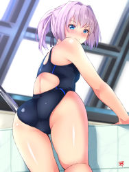 Rule 34 | 1girl, ass, black ribbon, black one-piece swimsuit, blue eyes, commentary request, competition swimsuit, cowboy shot, from behind, hair ribbon, highres, indoors, kantai collection, looking at viewer, looking back, one-piece swimsuit, pink hair, ponytail, pool ladder, rei no pool, ribbon, sebunsu, shiranui (kancolle), short hair, solo, swimsuit