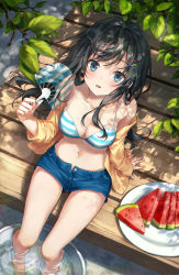 Rule 34 | 1girl, bare shoulders, barefoot, bikini, bikini top only, black hair, blush, breasts, cardigan, cleavage, collarbone, dappled sunlight, deck, denim, denim shorts, fanning face, feet in water, food, from above, fruit, full body, green eyes, hair ornament, hairclip, hand fan, highres, holding, holding fan, leaf, looking at viewer, looking up, medium breasts, navel, off shoulder, open mouth, original, outdoors, partially submerged, plate, r o ha, shadow, short shorts, shorts, sitting, soaking feet, solo, string bikini, striped bikini, striped clothes, sunlight, sweat, swept bangs, swimsuit, tareme, thighs, tree, watermelon, watermelon slice, wet