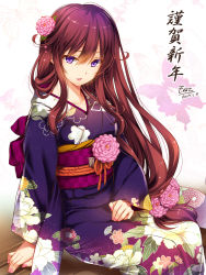 Rule 34 | 1girl, 2017, alternate costume, arm support, artist name, brown hair, dahlia (flower knight girl), dated, floral print, flower, flower knight girl, from side, gradient hair, hair between eyes, hair flower, hair ornament, hair over shoulder, hand on lap, highres, japanese clothes, kimono, long hair, long sleeves, looking at viewer, looking to the side, low-tied long hair, monety, multicolored hair, nail polish, new year, obi, parted lips, pink nails, purple eyes, sash, sidelocks, signature, sitting, smile, solo, translated, very long hair, wide sleeves