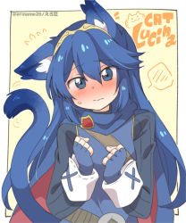 Rule 34 | 1girl, animal ears, blue eyes, blue hair, blush, cape, cat ears, eromame, fingerless gloves, fire emblem, fire emblem awakening, gloves, hair between eyes, long hair, looking at viewer, lucina (fire emblem), nintendo, simple background, solo, super smash bros., tiara