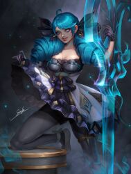 Rule 34 | 1girl, :d, ahoge, black bow, black dress, black gloves, black pantyhose, bow, breasts, cleavage, clothes lift, collarbone, dress, dress lift, drill hair, gloves, green hair, grey dress, gwen (league of legends), hair bow, highres, holding, holding scissors, large breasts, league of legends, long hair, looking at viewer, open mouth, oversized object, pantyhose, scissors, shiny skin, sirenlin, smile, standing, standing on one leg, symbol in eye, teeth, twin drills, twintails