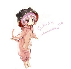 Rule 34 | 1girl, :3, adapted costume, animal ears, bad id, bad twitter id, barefoot, bowl, fake animal ears, full body, object on head, open mouth, outstretched arms, pajamas, pink hair, purple eyes, shnva, short hair, simple background, solo, spread arms, sukuna shinmyoumaru, tail, touhou, white background