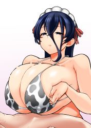 Rule 34 | 1boy, 1girl, absurdres, animal print, bikini, black hair, blue eyes, breasts, breasts squeezed together, closed mouth, clothed female nude male, commentary request, covered erect nipples, cow print, deep skin, eo masaka, hair between eyes, half-closed eyes, halterneck, hetero, highres, huge breasts, lips, long hair, looking at another, maid headdress, motion lines, nude, original, paizuri, paizuri under clothes, solo focus, swimsuit, textless version