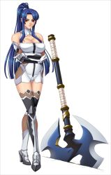 Rule 34 | 00s, 1girl, axe, bare shoulders, battle axe, blue hair, bodysuit, boots, breasts, cleavage, crossed arms, dress, elbow gloves, female focus, full body, gloves, highres, huge weapon, kagami hirotaka, large breasts, long hair, looking at viewer, no bra, official art, panties, ponytail, red eyes, serious, shiny skin, short dress, simple background, solo, source request, standing, taimanin (series), taimanin asagi, taimanin asagi 3, taimanin murasaki, thighhighs, underwear, weapon, yatsu murasaki
