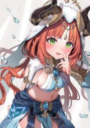 Rule 34 | 1girl, arm behind back, blue gemstone, blue skirt, blush, bracer, breasts, brooch, circlet, clothing cutout, commentary, cowboy shot, crop top, detached sleeves, floating hair, gem, genshin impact, green eyes, hand up, harem outfit, highres, horns, jewelry, leaning forward, long hair, long sleeves, looking at viewer, low twintails, medium breasts, mizuki ryuu, navel, neck ring, nilou (genshin impact), open mouth, parted bangs, pelvic curtain, puffy long sleeves, puffy sleeves, red hair, shrug (clothing), simple background, skirt, solo, stomach, thighs, twintails, veil, water, water drop, white background, white headwear