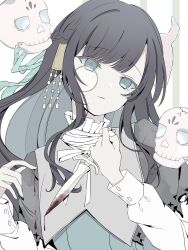 Rule 34 | 1girl, black hair, blood, bloody knife, blue eyes, colored inner hair, gehenna (vocaloid), highres, holding, holding knife, knife, long hair, long sleeves, monocle, multicolored hair, skull, solo, swept bangs, vocaloid, yomogi mogu