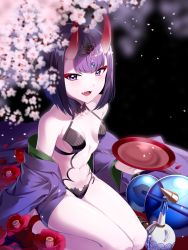 Rule 34 | 1girl, black background, bob cut, breasts, cherry blossoms, cup, eyeliner, eyeshadow, fate/grand order, fate (series), flower, gourd, hakka (88hk88), headpiece, highres, horns, japanese clothes, kimono, makeup, off shoulder, oni, open clothes, open kimono, purple eyes, purple hair, purple kimono, red flower, revealing clothes, sakazuki, seiza, short eyebrows, short hair, shuten douji (fate), sitting, skin-covered horns, small breasts, solo