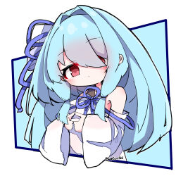 Rule 34 | 1girl, bare shoulders, blue hair, closed mouth, detached sleeves, hair intakes, hair over one eye, hair ribbon, highres, kotonoha aoi, leptom150, light blue hair, long hair, long sleeves, looking at viewer, one eye covered, outside border, own hands together, red eyes, ribbon, shirt, solo, twitter username, upper body, voiceroid, white shirt, white sleeves, wide sleeves
