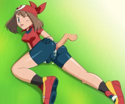 Rule 34 | 1boy, 1girl, ass, bandana, bike shorts, brown hair, buttjob, buttjob over clothes, creatures (company), cum, cum on ass, ejaculation, from behind, game freak, gradient background, grinding, hetero, highres, huge ass, looking back, may (pokemon), nintendo, penis, pokemon, rubbing, sweat, uncensored