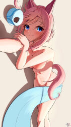 Rule 34 | 1girl, absurdres, animal ears, banpian yezi, blue eyes, blush, breasts, cleavage, closed mouth, collarbone, completely nude, hair ornament, hat, highres, horse ears, horse girl, horse tail, lying, medium breasts, medium hair, navel, nude, shadow, signature, solo, tail, towel, umamusume, venus paques (umamusume)