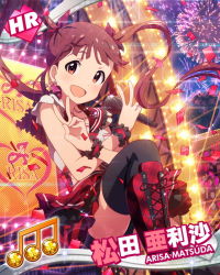 Rule 34 | 10s, 1girl, artist request, beamed quavers, black thighhighs, brown eyes, brown hair, card (medium), character name, earrings, fireworks, idolmaster, idolmaster million live!, jewelry, matsuda arisa, microphone, musical note, necklace, official art, thighhighs, twintails