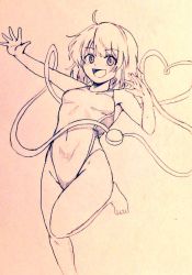 Rule 34 | 1girl, ahoge, alternate costume, bare legs, barefoot, breasts, commentary request, competition swimsuit, covered navel, d-m (dii emu), eyeball, eyelashes, greyscale, happy, heart, heart of string, komeiji koishi, leg up, looking at viewer, monochrome, no headwear, no headwear, one-piece swimsuit, open mouth, outstretched arms, short hair, sketch, standing, standing on one leg, swimsuit, third eye, toes, touhou, traditional media