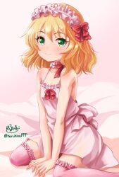 Rule 34 | 1girl, blonde hair, blush, bow, camisole, choker, collarbone, commentary request, flat chest, frilled choker, frilled hairband, frills, green eyes, hair bow, hairband, haruhata mutsuki, idolmaster, idolmaster cinderella girls, legs, looking at viewer, medium hair, on bed, pink background, pink camisole, pink thighhighs, red bow, sakurai momoka, signature, sitting, smile, solo, thighhighs, thighs, twitter username, wariza, wavy hair