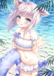 Rule 34 | 1girl, absurdres, ahoge, animal ears, arknights, bare shoulders, beach, bikini, bikini skirt, blue bow, blue eyes, bow, caustics, collarbone, cowboy shot, day, detached sleeves, embarrassed, female focus, fox ears, highres, ichizon, innertube, leaf, looking at viewer, material growth, midriff, navel, open mouth, oripathy lesion (arknights), outdoors, see-through, short hair, silver hair, slit pupils, solo, spaghetti strap, standing, stomach, sunlight, sussurro (arknights), swim ring, swimsuit, water, white bikini