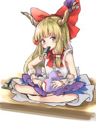 Rule 34 | 1girl, absurdres, barefoot, blonde hair, blue skirt, bow, bowtie, brown eyes, commentary request, ehoumaki, food, food in mouth, gourd, hair bow, highres, horn bow, horn ornament, horn ribbon, horns, ibuki suika, kushidama minaka, long hair, looking at viewer, makizushi, mouth hold, oni, oni horns, purple ribbon, red bow, red bowtie, ribbon, shirt, simple background, single sidelock, sitting, skirt, sleeveless, sleeveless shirt, solo, sushi, touhou, white background, white bow, white shirt, wooden floor, wrist cuffs