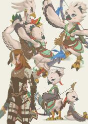 Rule 34 | 1girl, 2boys, :d, arrow (projectile), bare shoulders, beak, bird boy, bird girl, blue eyes, body fur, bow (weapon), earrings, fake beak, furry, furry female, furry male, happy, highres, holding, holding bow (weapon), holding sword, holding weapon, ivy (sena0119), jewelry, link, long hair, mask, multiple boys, multiple views, nintendo, open mouth, pointy ears, ponytail, profile, quiver, rito, sitting, smile, standing, sword, tattoo, teba (zelda), the legend of zelda, the legend of zelda: tears of the kingdom, tulin (zelda), weapon, winged arms, wings