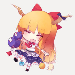 Rule 34 | 1girl, ^ ^, ^o^, ball, belt, blonde hair, blue ribbon, blue skirt, blush, bow, bowtie, chain, chibi, closed eyes, cube, cuivre, facing viewer, fang, full body, gourd, grey background, hair bow, happy, holding, horn ornament, horn ribbon, horns, ibuki suika, kneehighs, layered skirt, long hair, low-tied long hair, outstretched arms, pyramid (structure), red bow, red bowtie, red hair, ribbon, ribbon-trimmed skirt, ribbon trim, shirt, simple background, single sidelock, skirt, sleeveless, sleeveless shirt, socks, solo, touhou, white shirt, white socks, wrist cuffs