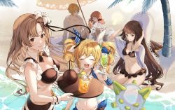 Rule 34 | 1boy, 4girls, :d, ^ ^, arms up, bad id, bad pixiv id, bare shoulders, beach, beach umbrella, bikini, black bikini, blonde hair, blue bikini, breasts, brown bikini, brown eyes, brown hair, cleavage, closed eyes, closed mouth, coconut, cup, detached collar, drinking glass, drinking straw, eyepatch, flower, forever 7th capital, frilled bikini, frills, fruit cup, hair bobbles, hair ornament, hair ribbon, hair scrunchie, halterneck, holding, holding tray, hurricane glass, jar, large breasts, long hair, looking at viewer, maid, maid bikini, medium breasts, multiple girls, navel, open mouth, palm tree, pinb, pink hair, ribbon, scrunchie, see-through, shirt, short hair, sidelocks, smile, swimsuit, tray, tree, tropical drink, twintails, umbrella, unconventional maid, very long hair, water, white flower, white shirt, wrist cuffs, yellow eyes