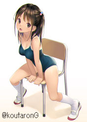 Rule 34 | 1girl, :d, arm support, bare arms, bare shoulders, black hair, blue one-piece swimsuit, breasts, brown eyes, chair, cleavage, collarbone, commentary request, full body, hair bobbles, hair ornament, koutaro, long hair, looking at viewer, medium breasts, on chair, one-piece swimsuit, one side up, open mouth, original, school chair, school swimsuit, shoes, sitting, smile, socks, solo, swimsuit, tan, tanline, twitter username, uwabaki, white background, white footwear, white socks