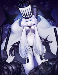 Rule 34 | 1girl, absurdres, abyssal ship, armor, blue eyes, boots, breasts, cloak, crown, hair ornament, highres, kantai collection, long hair, looking at viewer, mechanical, mechanical arms, mechanical hands, medium breasts, no bra, northern water princess, panties, ponytail, silver hair, single mechanical hand, solo, thigh boots, thighhighs, turret, underwear, undressing, white thighhighs, ytoy