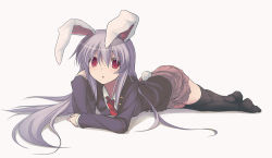 Rule 34 | 1girl, :o, animal ears, arm support, blazer, female focus, jacket, light purple hair, long hair, lying, mzyk, necktie, on stomach, pleated skirt, rabbit ears, rabbit girl, rabbit tail, red eyes, reisen udongein inaba, skirt, solo, tail, thighhighs, touhou, zettai ryouiki