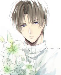 Rule 34 | 1boy, blue eyes, brown hair, buttons, collar, collared shirt, flower, heshikiri hasebe, kasa77322, lily (flower), looking at viewer, male focus, parted lips, shirt, short hair, simple background, solo, touken ranbu, upper body, white background, white flower, white shirt