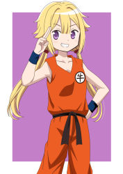 Rule 34 | 1girl, bare arms, belt, black belt, blonde hair, blue wristband, border, clenched hand, clenched teeth, clothes writing, collarbone, dot nose, dougi, dragon ball, feet out of frame, fingernails, flat chest, grin, hair between eyes, hair bobbles, hair ornament, hand up, highres, light blush, long hair, looking at viewer, low twintails, magia record: mahou shoujo madoka magica gaiden, mahou shoujo madoka magica, martial arts belt, mitsuki felicia, outside border, purple background, purple eyes, riokasen, salute, sidelocks, simple background, smile, solo, spiked hair, standing, straight hair, teeth, twintails, white border, wristband