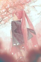 Rule 34 | 1girl, arms behind back, cherry blossoms, closed eyes, commentary request, from behind, hatsune miku, highres, jacket, long hair, long sleeves, maple linf, pink hair, pink skirt, plaid, plaid jacket, sakura miku, sakura miku (rella), shirt, skirt, solo, standing, twintails, vocaloid, white shirt