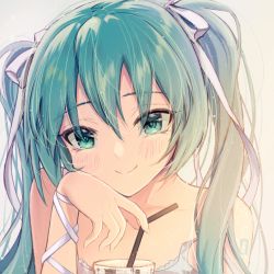 Rule 34 | 1girl, aqua eyes, aqua hair, bare shoulders, blush, drinking straw, hair ornament, hand on own face, hatsune miku, highres, leno^a^, long hair, looking at viewer, smile, twintails, very long hair, vocaloid