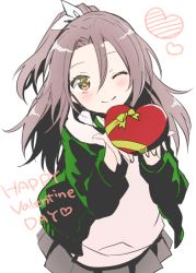 Rule 34 | 1girl, alternate costume, anbutter siruko, blush, box, brown hair, gift, gift box, green jacket, grey skirt, hair between eyes, hair ribbon, happy valentine, heart, holding, hood, hood down, hooded jacket, jacket, kantai collection, long hair, long sleeves, one eye closed, pleated skirt, ponytail, ribbon, simple background, skirt, smile, solo, valentine, white background, yellow eyes, zuihou (kancolle)