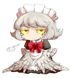 1girl apron bird_tail bird_wings black_dress bow bowtie closed_mouth collared_dress colored_sclera contrast_collar deformed dress eyebrows_hidden_by_hair feathered_wings flipped_hair frilled_apron frills full_body futaba_channel grey_hair grey_tail grey_wings half-closed_eyes harpy lowres maid maid_apron maid_headdress monster_girl nijiura_maids oso_(toolate) owl_girl puffy_short_sleeves puffy_sleeves red_bow red_bowtie red_eyes short_hair short_sleeves simple_background sitting smile solo speech_bubble split_mouth tail thick_eyebrows white_apron white_background winged_arms wings yabai yellow_sclera