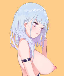 Rule 34 | 1girl, :o, arm strap, azur lane, blue hair, blunt bangs, blush, breasts, dido (azur lane), embarrassed, from side, hand up, large breasts, long hair, looking away, nipples, open mouth, orange background, playing with own hair, prpr friends, purple eyes, simple background, solo, topless, upper body