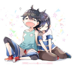 Rule 34 | 2boys, arms behind back, artist name, black hair, blush, brown pants, closed eyes, cocoloco, collarbone, commentary request, creatures (company), drooling, dual persona, elio (pokemon), game freak, head down, mouth drool, multiple boys, nintendo, pants, pokemon, pokemon sm, pokemon usum, red footwear, shirt, shoes, short sleeves, shorts, sitting, sleeping, striped clothes, striped shirt, tank top