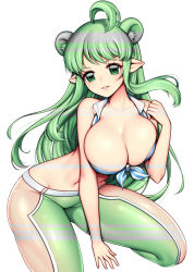 Rule 34 | 1girl, ahoge, animal ears, bare shoulders, breasts, cleavage, collarbone, crop top, front-tie top, green eyes, green hair, green pants, groin, hand up, highres, large breasts, long hair, looking at viewer, navel, original, pants, pointy ears, rewolf, simple background, smile, solo, white background, yoga pants