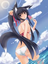 Rule 34 | 1girl, adjusting clothes, adjusting swimsuit, animal ears, ass, bare shoulders, bell, bikini, black hair, blue eyes, blush, body blush, breasts, cloud, day, dutch angle, food, fox ears, fox tail, from behind, fruit, halterneck, highres, innertube, jingle bell, lens flare, long hair, looking back, medium breasts, ocean, open mouth, original, ponytail, popsicle, second heaven, sidelocks, sky, solo, swim ring, swimsuit, tail, very long hair, wading, water, watermelon, watermelon bar, white bikini